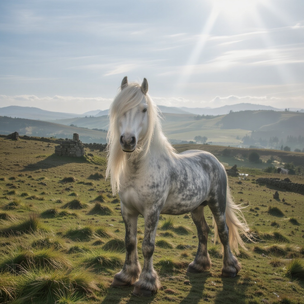 Photo-realistic,  cinematic style,  horizontal angle. The camera pans slowly across a white Fell Pony standing on the high...