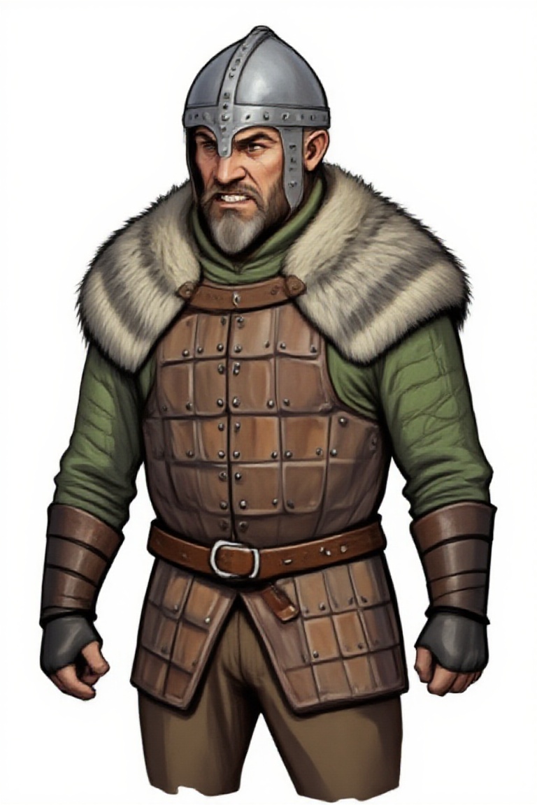 A DFStyleFlux illustration of a Viking warrior with his body slightly turned to the left with a white background. He is an...