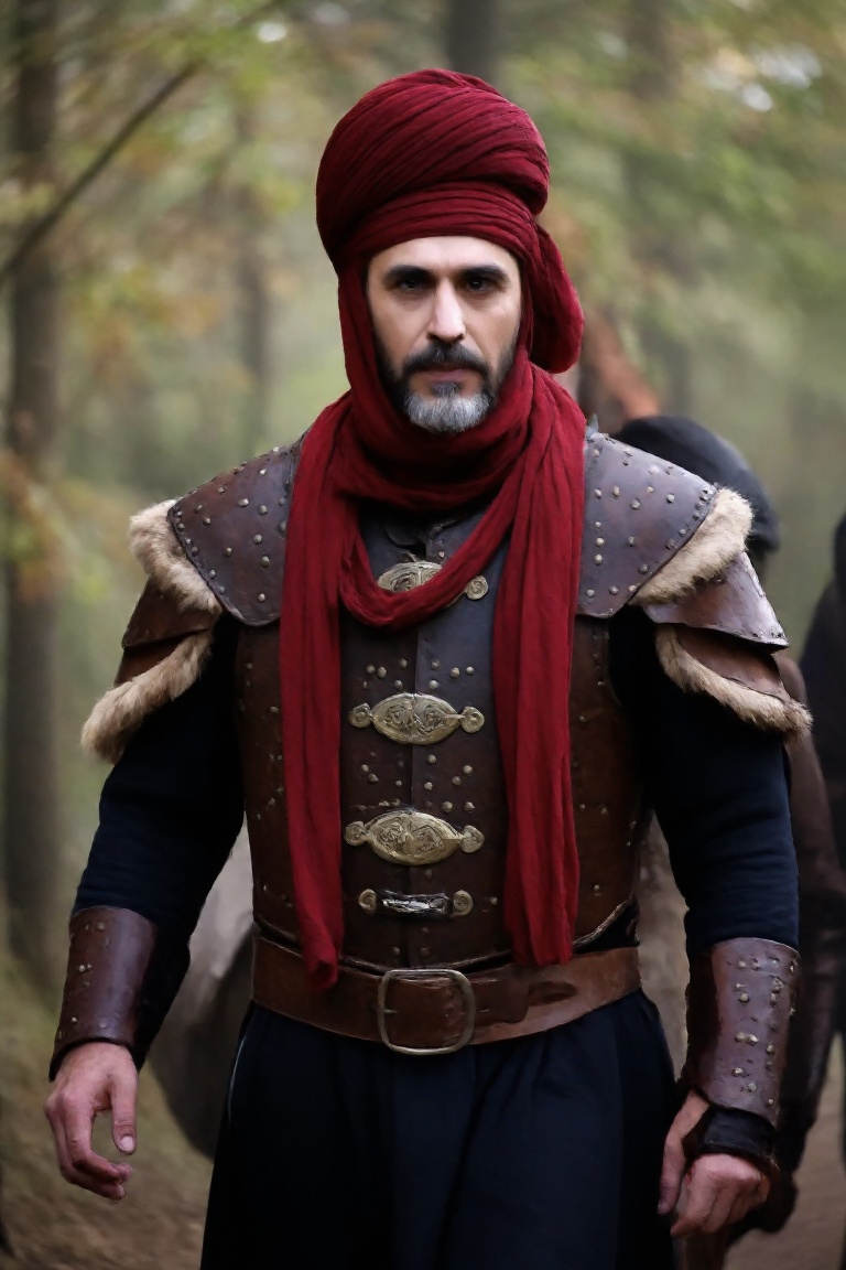 A cinematic photograph of Ertuğrul from the Turkish TV series "Diriliş Ertuğrul" walking toward the camera with his body s...