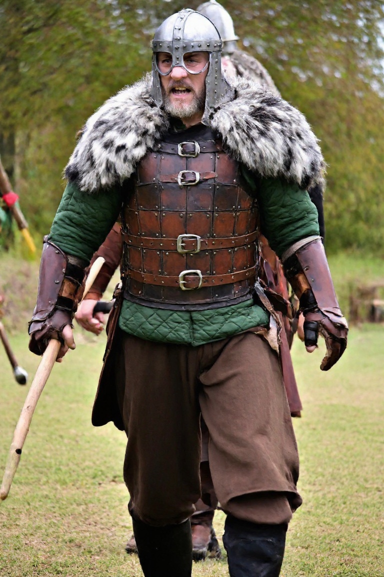 A photograph of a Viking warrior walking toward the camera with his body turned slightly to his left at an outdoor histori...