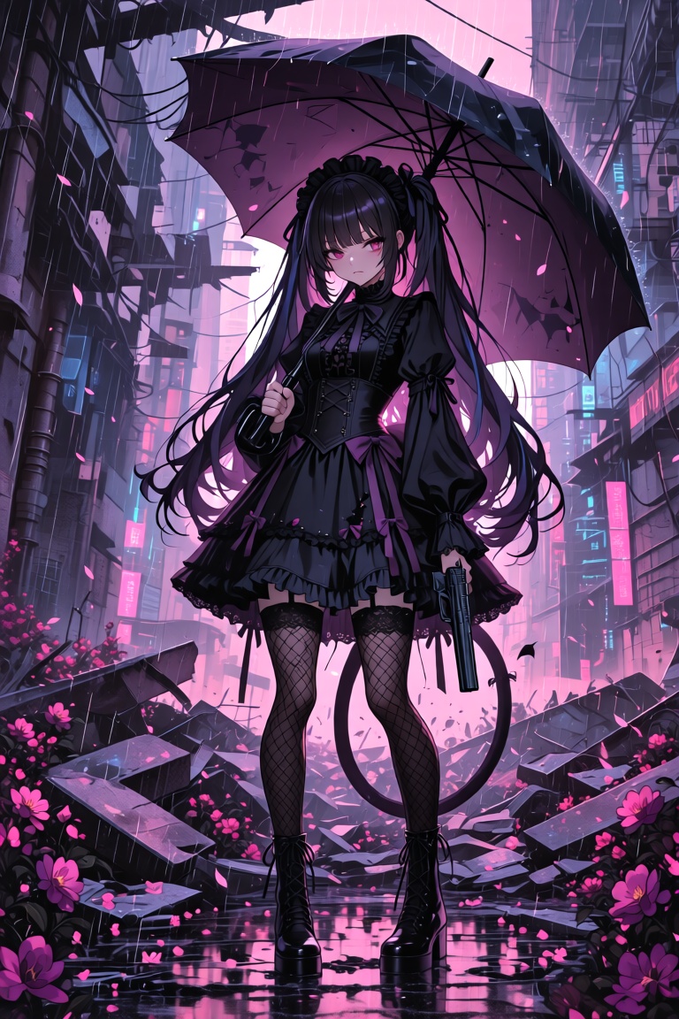 anime style illustration,  a cute girl with a "Jirai-kei" fashion aesthetic standing in a ruined urban landscape filled wi...