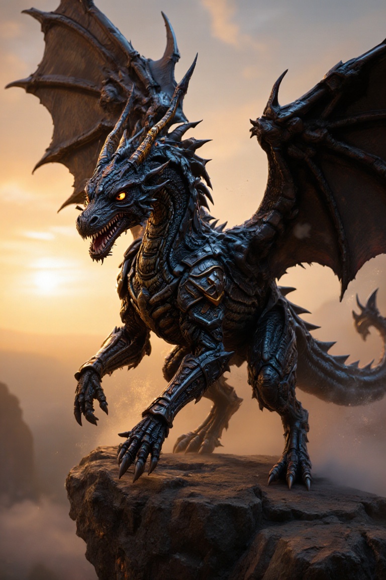 A powerful female dragon guardian standing majestically on a rocky cliff,  wings fully extended,  glowing eyes scanning th...