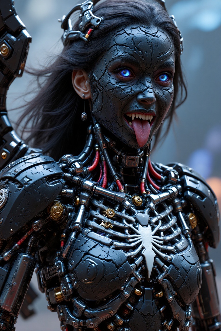 A hyper-realistic,  upper-body portrait of a beautiful cybernetic European young girl with cracked black porcelain skin,...