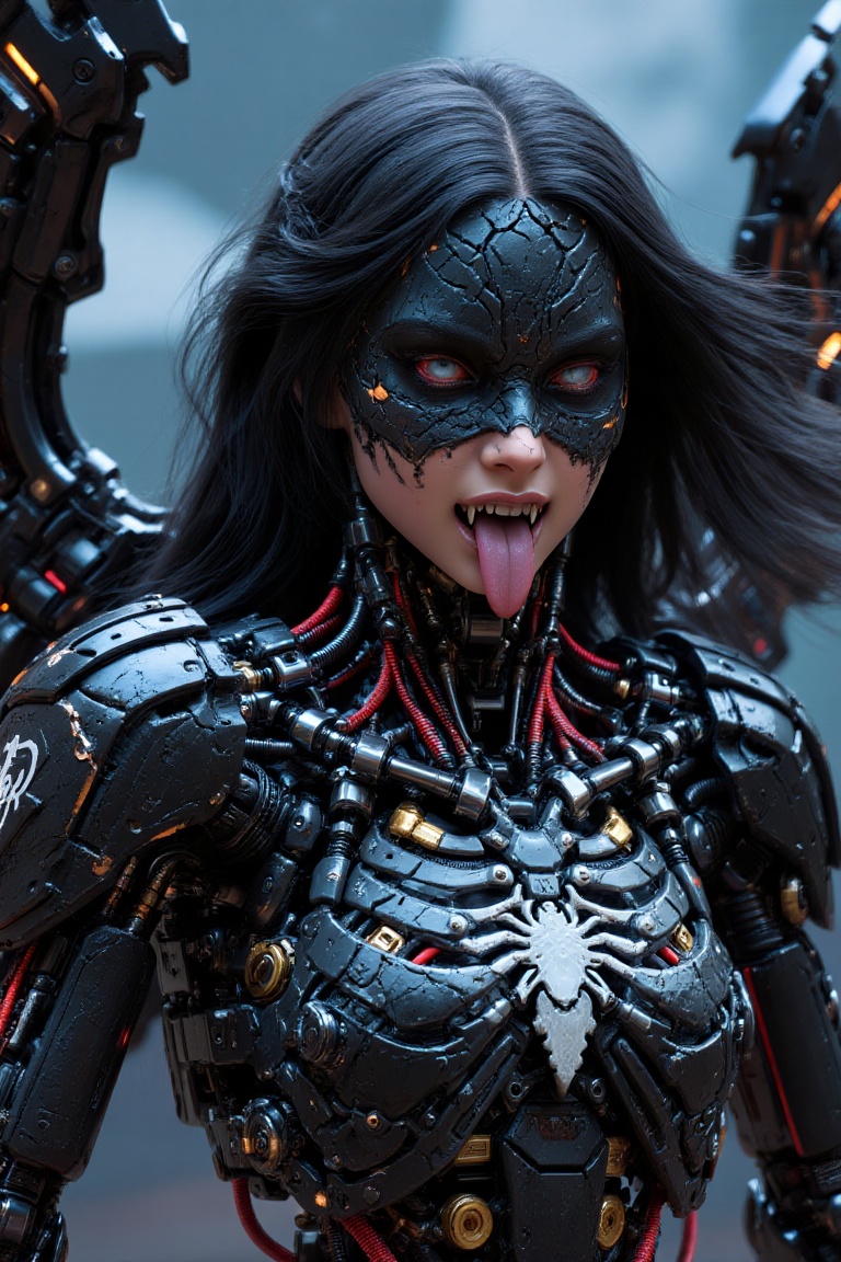 A hyper-realistic,  upper-body portrait of a beautiful cybernetic European young girl with cracked black porcelain skin,...