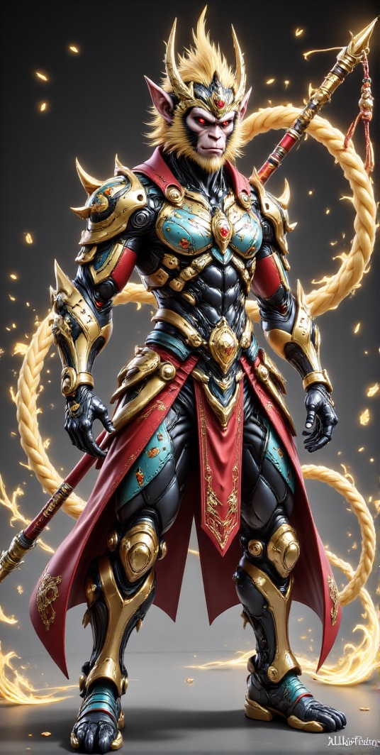 Stylized anime concept art of a legendary monkey king warrior,  with wild glowing golden hair like flames,  fierce express...