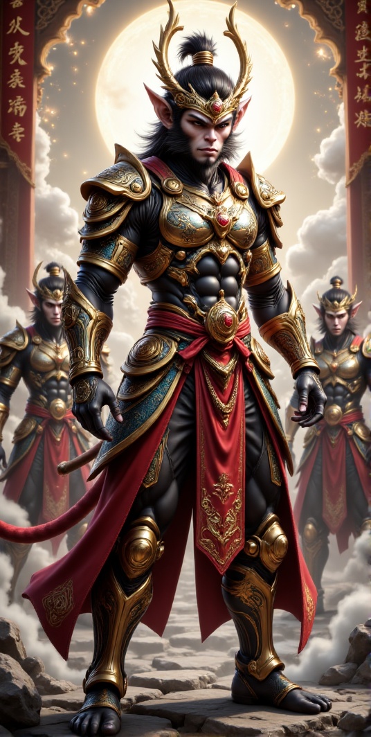 Create a hyperrealistic image of Wukong,  the Monkey King,  in elaborate traditional armor with ornate patterns. He stands...