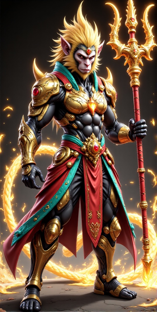 Stylized anime concept art of a legendary monkey king warrior,  with wild glowing golden hair like flames,  fierce express...