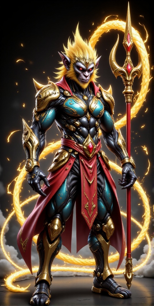 Stylized anime concept art of a legendary monkey king warrior,  with wild glowing golden hair like flames,  fierce express...