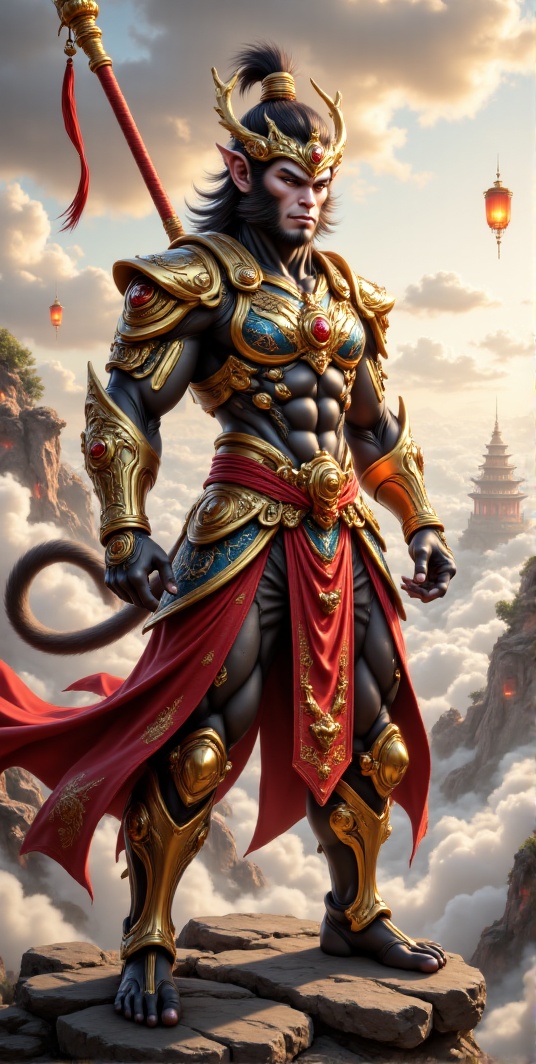 A divine and majestic depiction of the Monkey King,  Sun Wukong,  in an epic ancient Chinese fantasy style on Tensor.Art