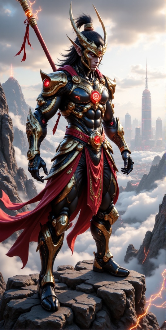 Futuristic black Sun Wukong standing in a heroic pose atop a towering cyber-mountain,  enveloped in thin,  glowing mist. H...
