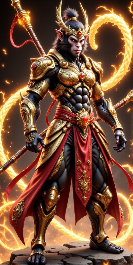 A legendary monkey king warrior stands tall,  blending cinematic realism,  glossy anime vibrancy on Tensor.Art