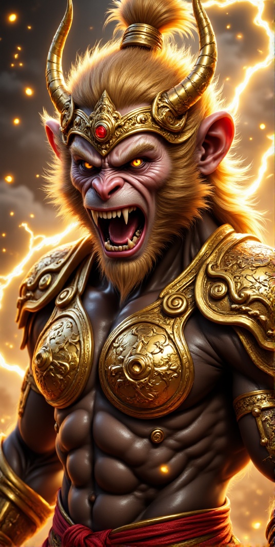 A hyperrealistic,  cinematic extreme close-up of an Asian man with a monkey-like face,  resembling Sun Wukong. His golden...