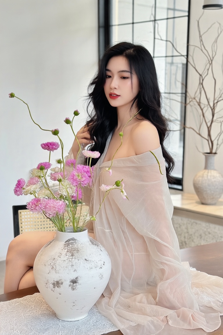 A woman sits at a table,  wearing a sheer,  light-colored garment. Her long on Tensor.Art