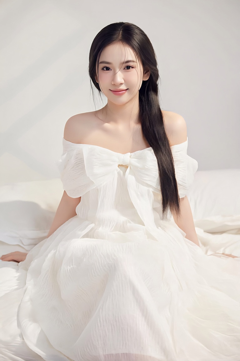 A young woman in a white,  strapless dress with a bow at the neckline sits on a bed. Her long,  straight hair is braided a...