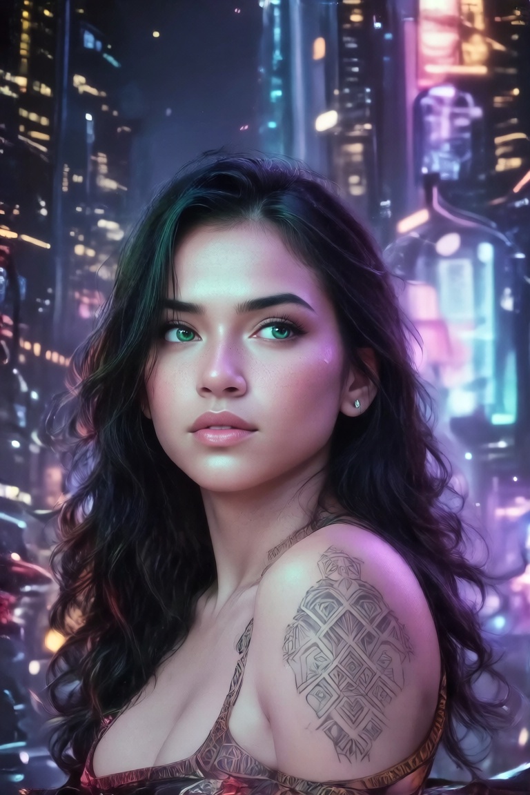 Create a captivating portrait of a young Hispanic woman with emerald eyes and long raven hair. The image should be in an a...