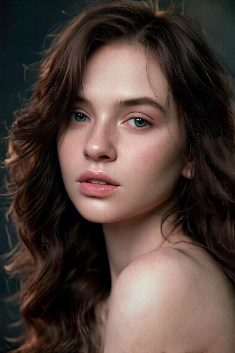 reate a fine art portrait of a young Nordic woman with cascading chestnut waves framing her face and striking emerald eyes...