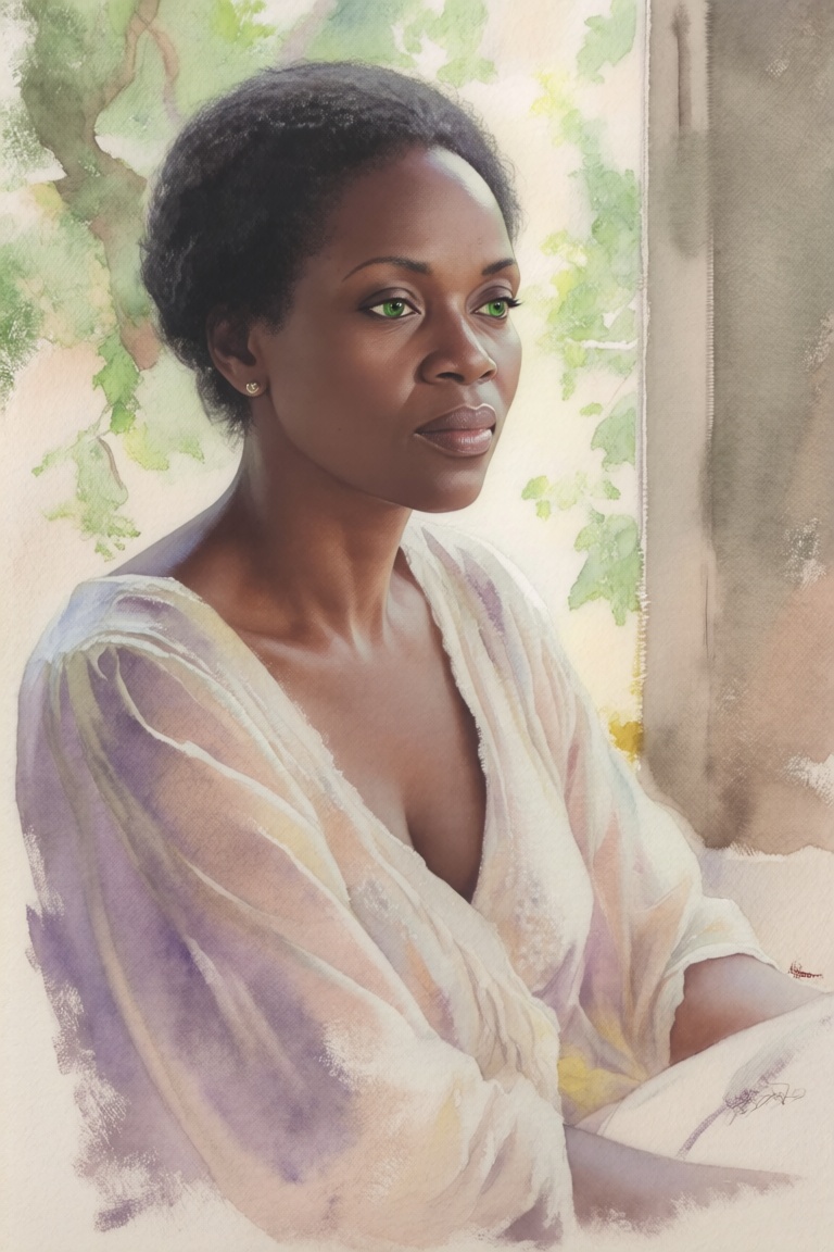 Imagine a captivating portrait of a Sub-Saharan African woman in her late 30s. She has serene green eyes and striking dark...