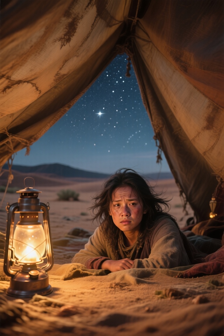 A portrait photograph captures a weary traveler with sun-kissed skin and windswept hair,  their face illuminated by the wa...