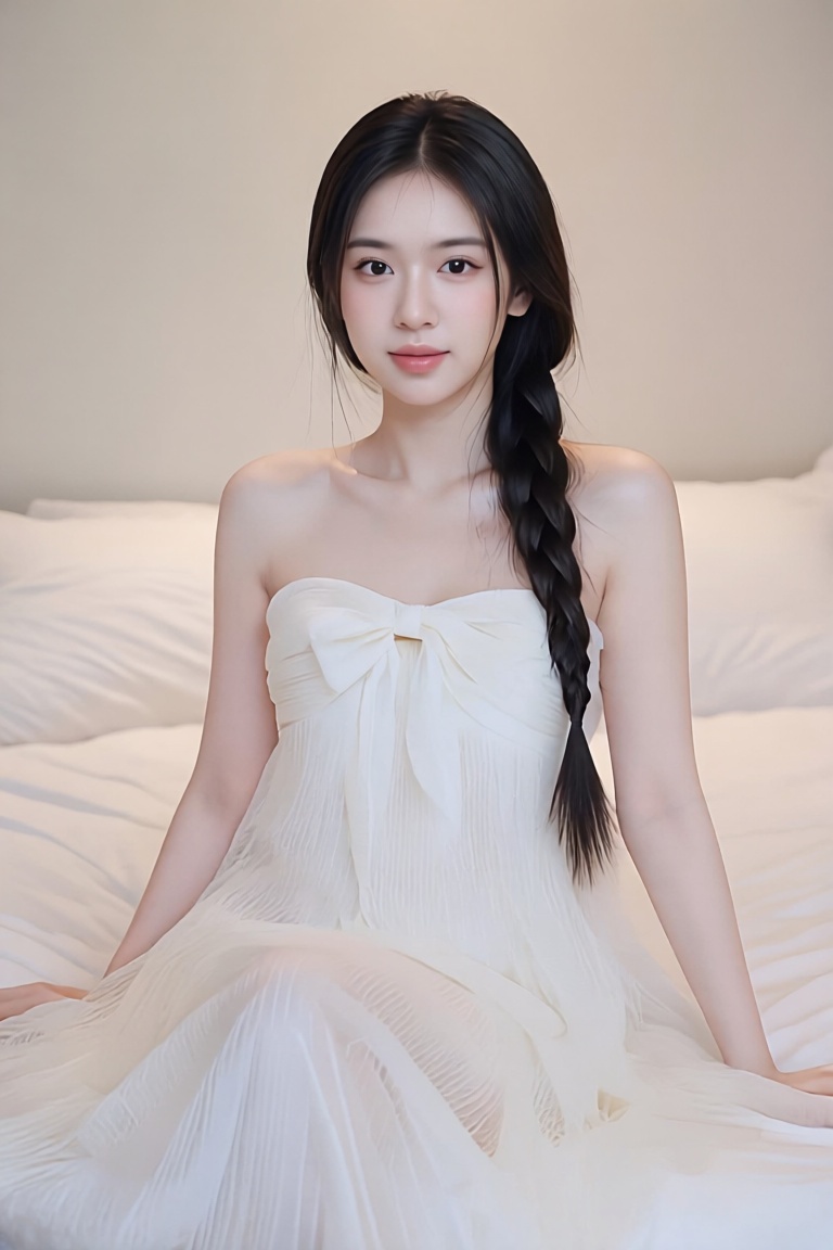 A young woman in a white,  strapless dress with a bow at the neckline sits on a bed. Her long,  straight hair is braided a...