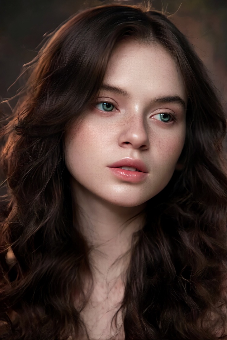 reate a fine art portrait of a young Nordic woman with cascading chestnut waves framing her face and striking emerald eyes...
