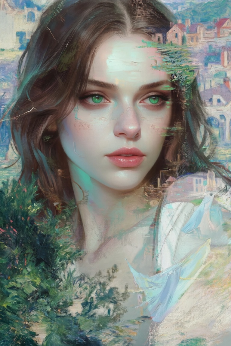 superrealistic portrait depicts an enigmatic Eastern European woman with porcelain skin and mesmerizing emerald eyes,  vie...