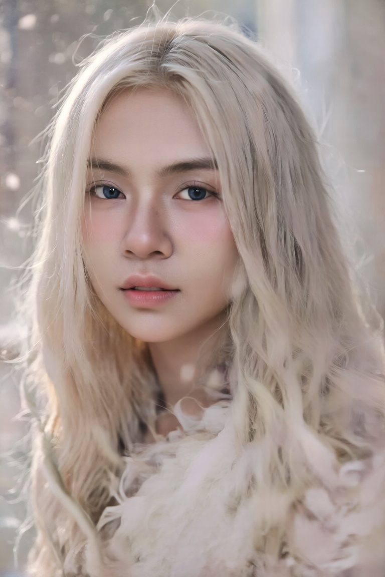 Create an intimate over-the-shoulder portrait of a young Inuit woman with unfocused blue eyes and cascading golden hair. H...