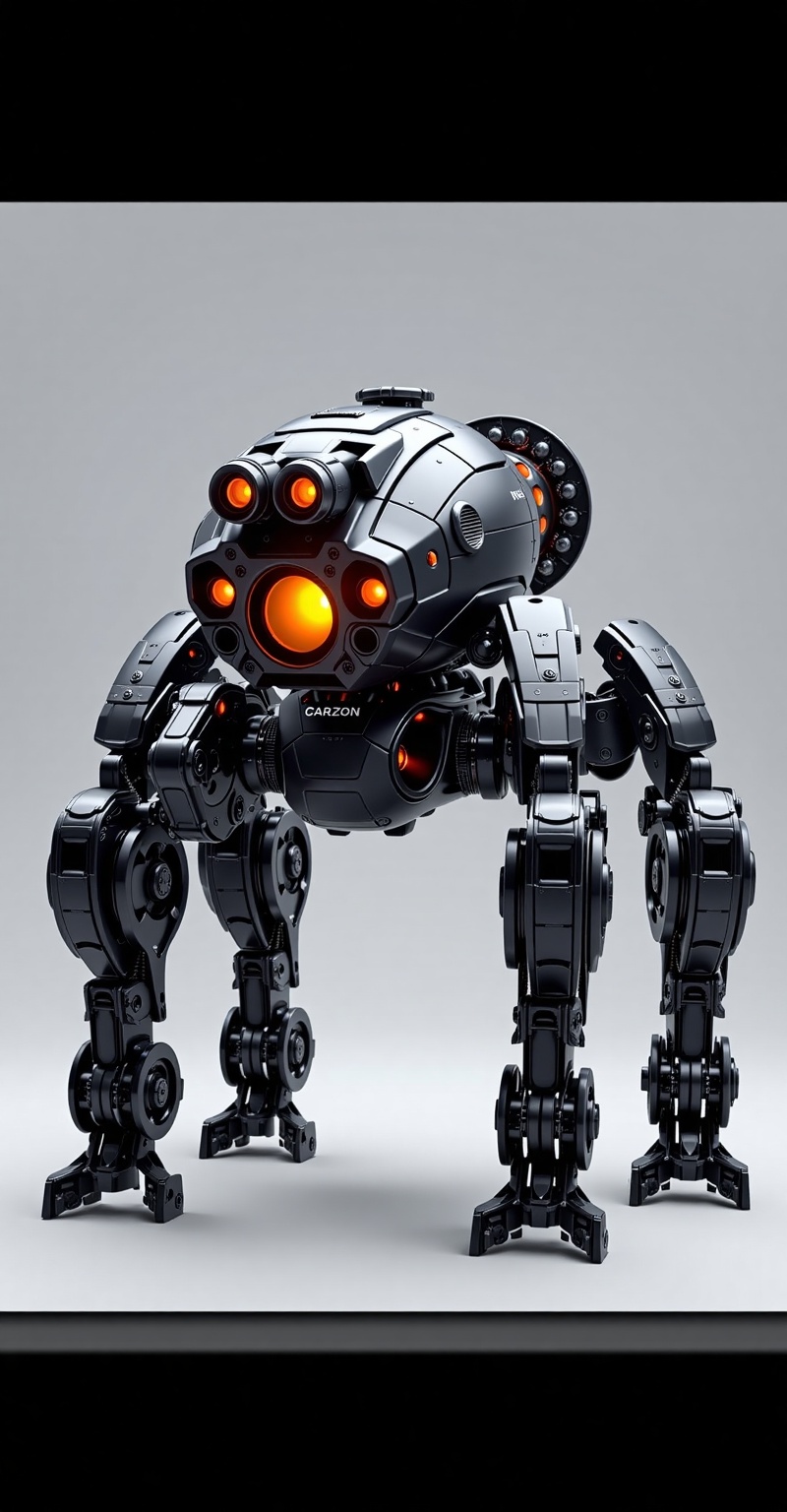 A highly detailed futuristic quadrupedal mech robot,  designed with sleek black armor plating and glowing orange highlight...
