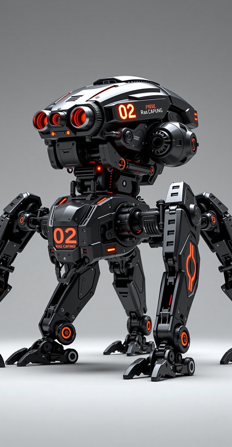 A highly detailed futuristic quadrupedal mech robot,  designed with sleek black armor plating and glowing orange highlight...