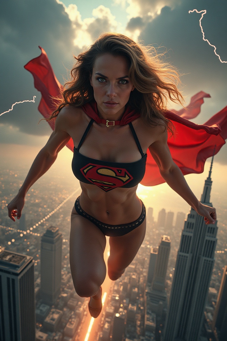 A muscular superhero resembling SuperGirl soars mid-flight over a sprawling city skyline,  framed by towering skyscrapers...