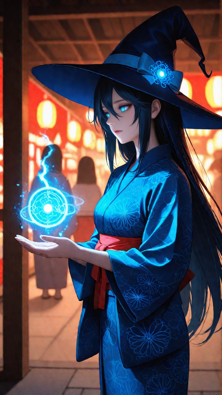 ultra detailed,  enchanting witch figure,  midnight blue yukata with magical symbols on Tensor.Art