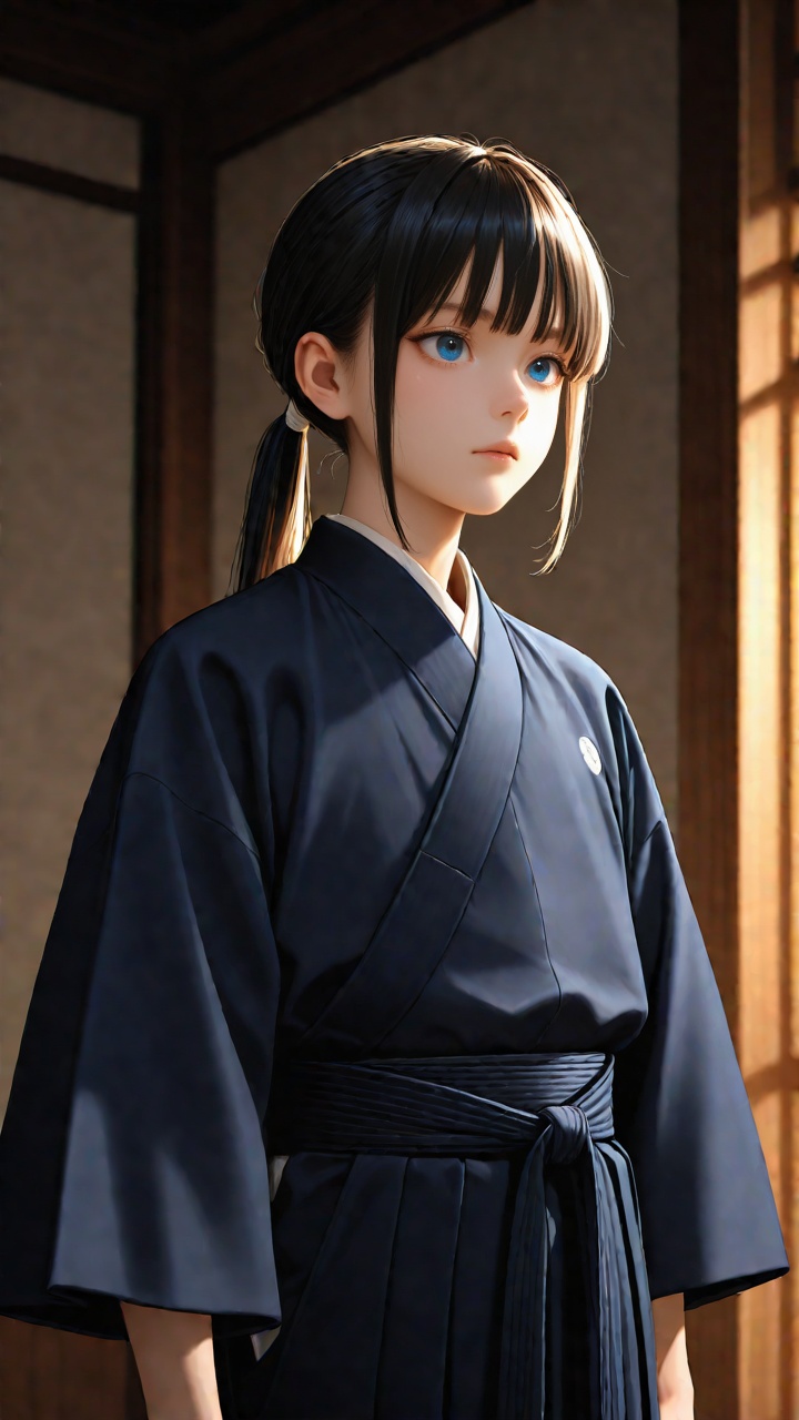 A young student in traditional kendo attire,  standing with a determined expression. The lighting highlights the sharpness...