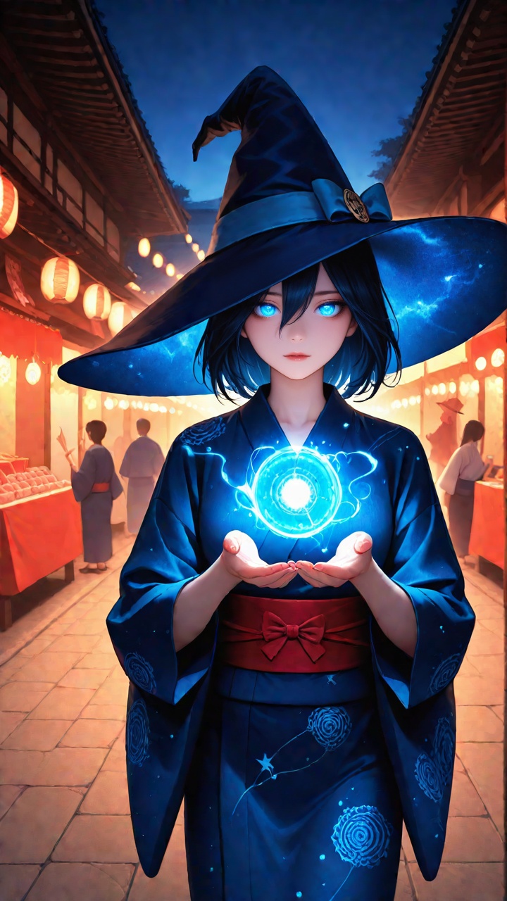 ultra detailed,  enchanting witch figure,  midnight blue yukata with magical symbols on Tensor.Art