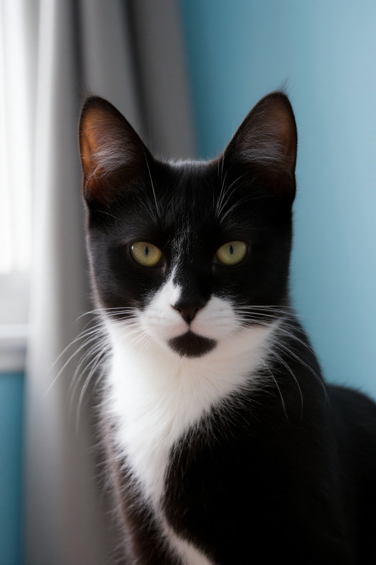 Photograph of a black and white tuxedo cat with striking yellow-green eyes sitting indoors against a light blue wall. The...