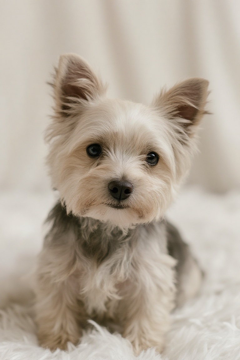 This photograph features a close-up of a small light beige and white terrier dog with a scruffy textured coat. The dogs fu...