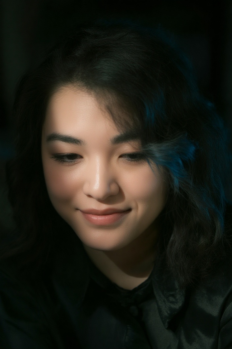 This photograph captures a close-up of a young woman with fair skin and dark wavy hair that has subtle blue highlights. Sh...