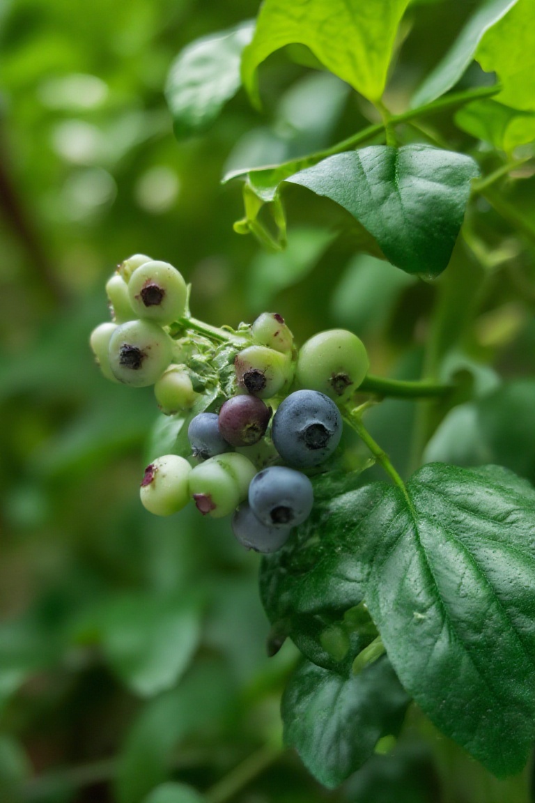 Photograph of a cluster of blueberries in a natural setting. The berries varying in shades from pale green to deep blue ar...