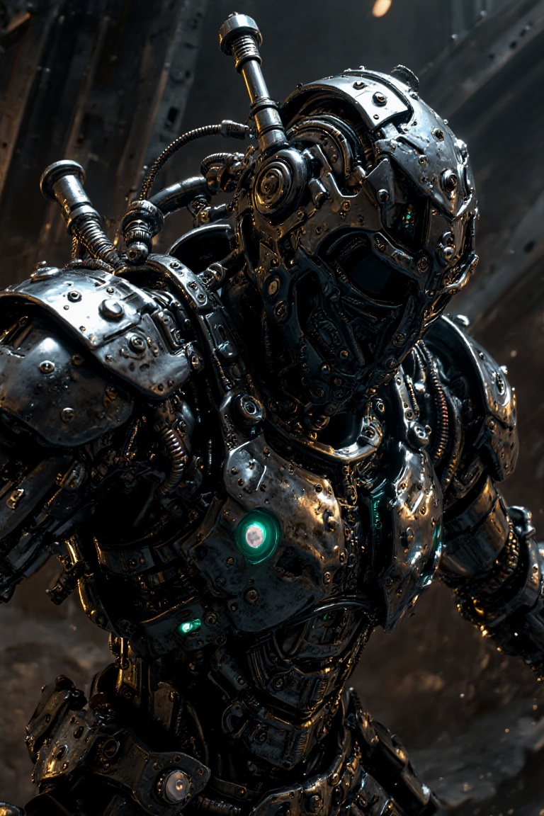Close-up of a futuristic robot warrior in dynamic pose,  chrome-plated armor with mechanical joints,  rivets on Tensor.Art