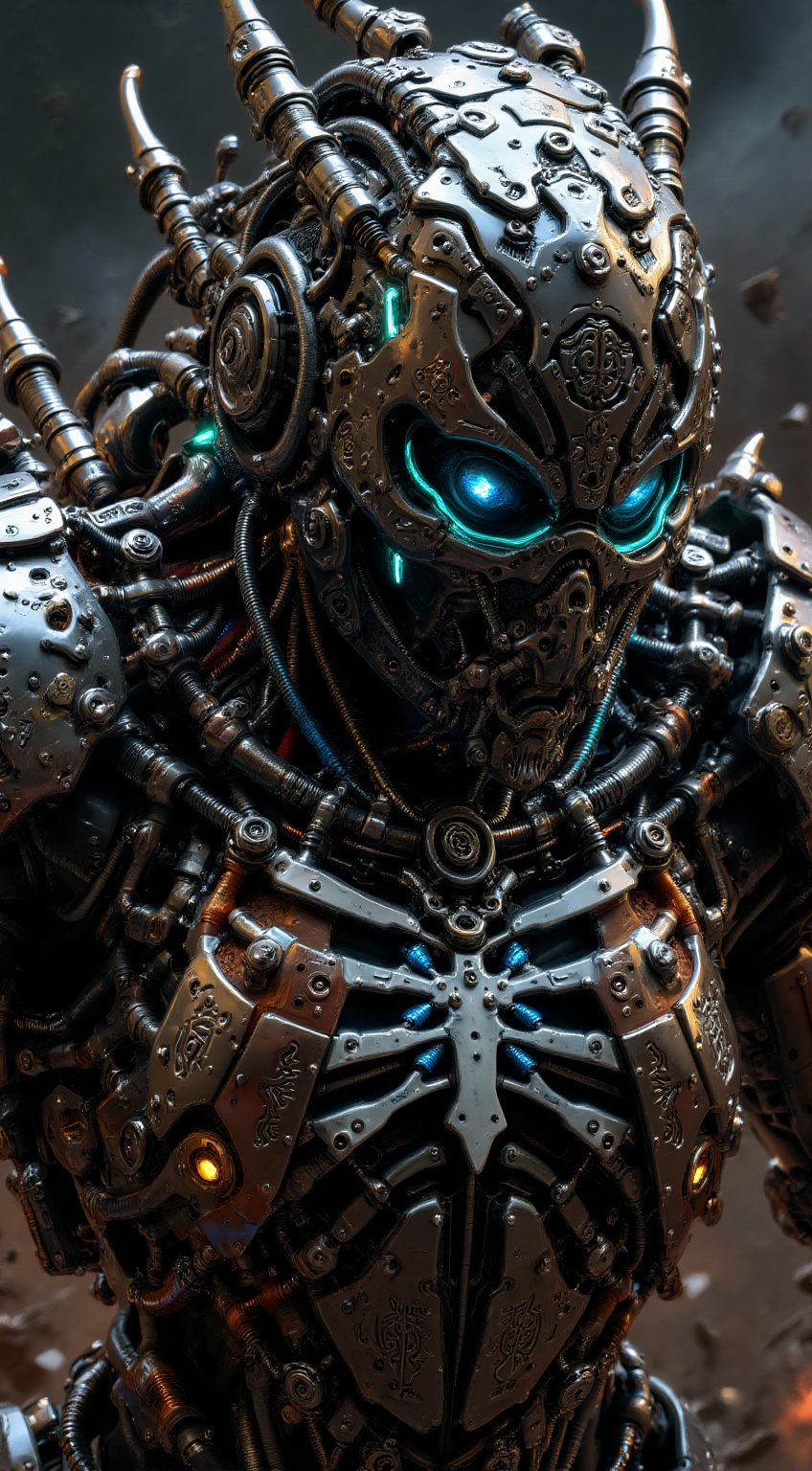 A heavily armored warrior in dynamic battle stance,  shining blue eye.intricate metallic armor with spiked shoulder guards...