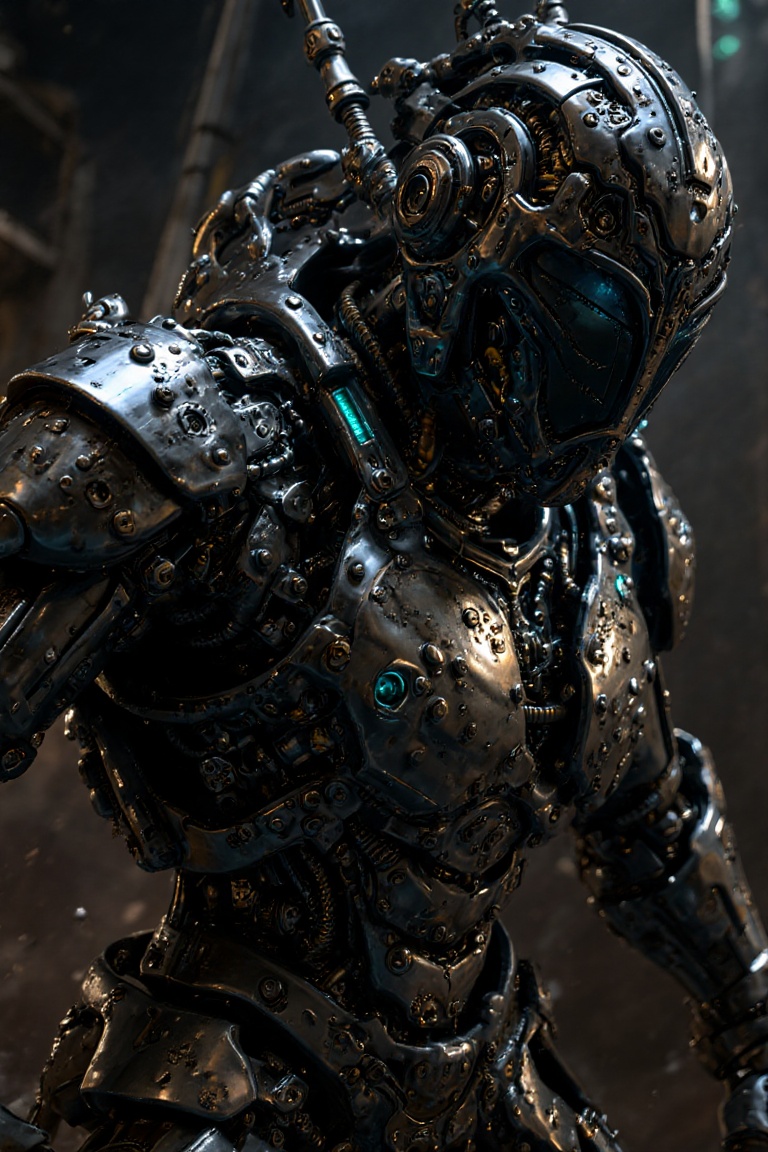 Close-up of a futuristic robot warrior in dynamic pose,  chrome-plated armor with mechanical joints,  rivets on Tensor.Art