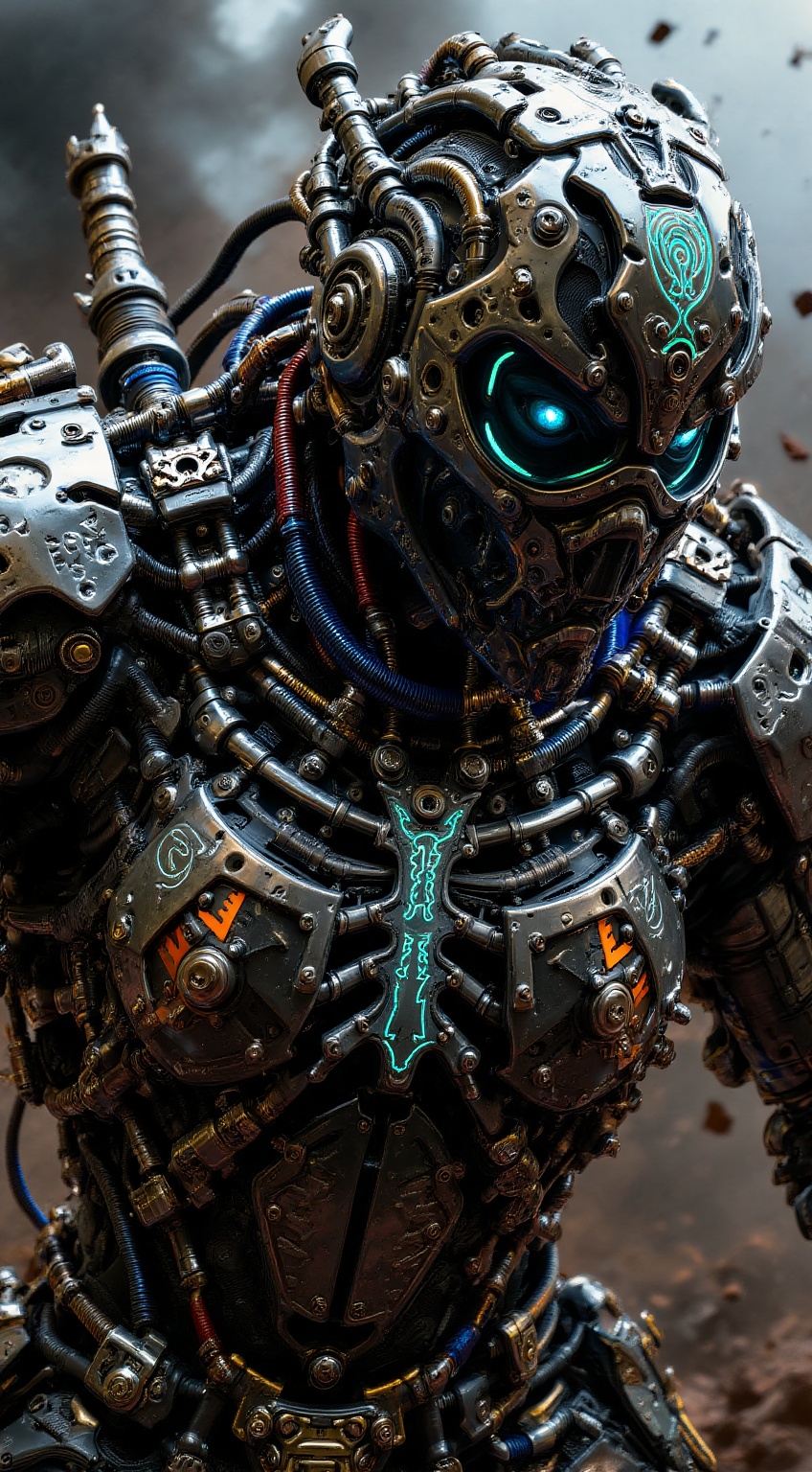 A heavily armored warrior in dynamic battle stance,  shining blue eye.intricate metallic armor with spiked shoulder guards...