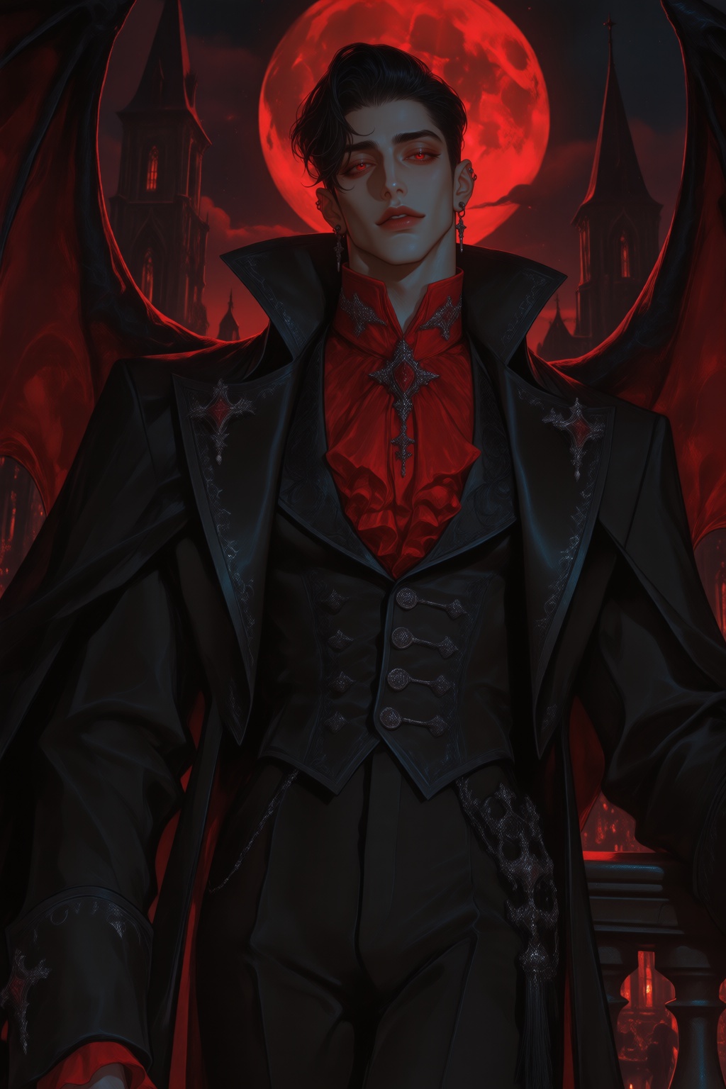 An aristocratic vampire with pale skin,  slicked-back black hair,  and piercing red eyes. He wears an elegant black coat w...