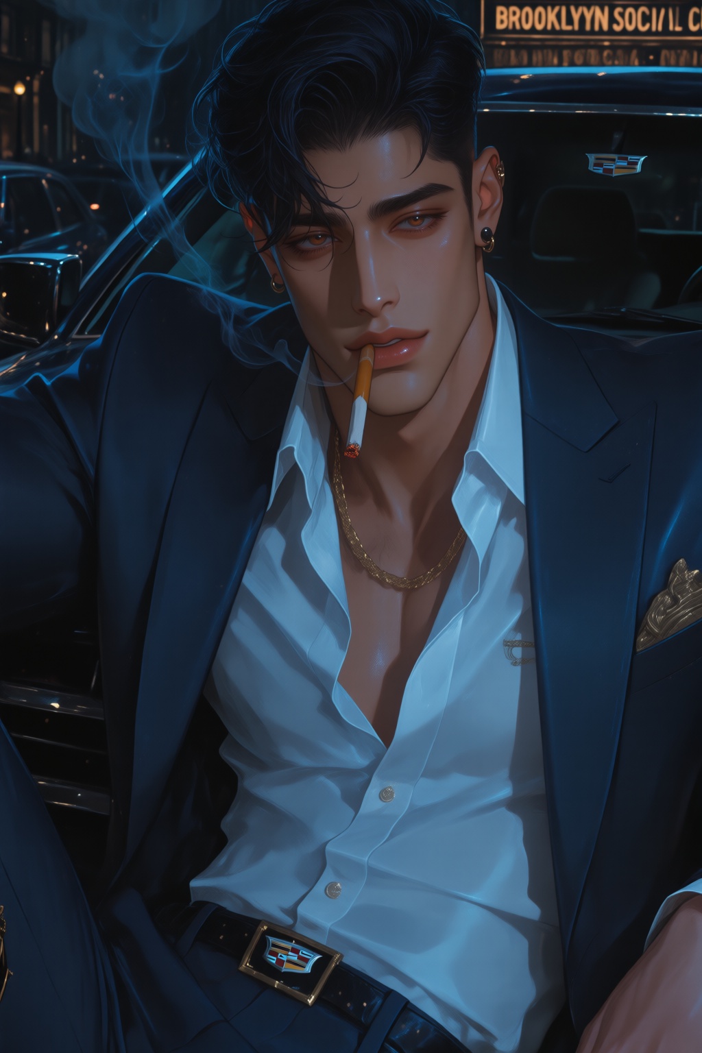 A handsome man in his thirties with dark wavy hair,  intense brown eyes,  and a confident smirk. He wears a fitted navy bl...
