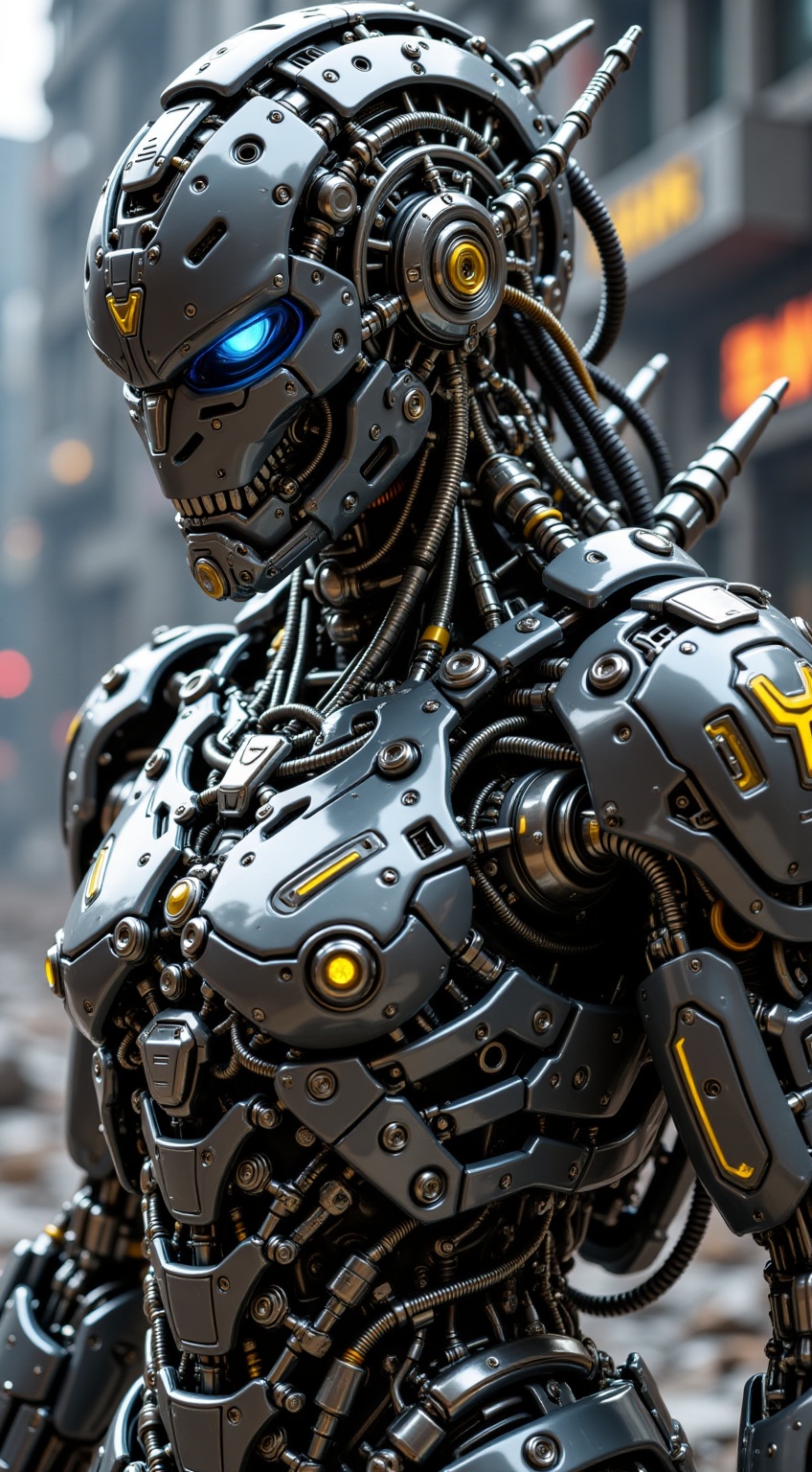 A heavily armored warrior in dynamic battle stance,  shining blue eye.intricate metallic armor with spiked shoulder guards...