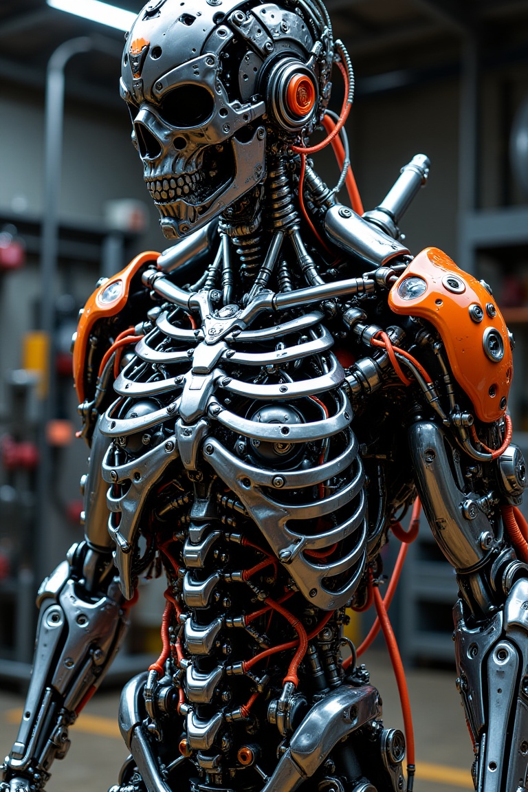 A cyborg under construction,  visible mechanical parts beneath the ribs,  chrome reflective ribcage on Tensor.Art