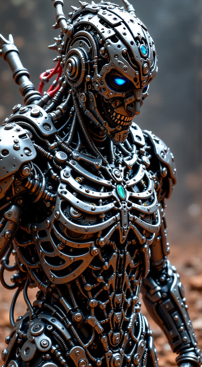 A heavily armored warrior in dynamic battle stance,  shining blue eye.intricate metallic armor with spiked shoulder guards...