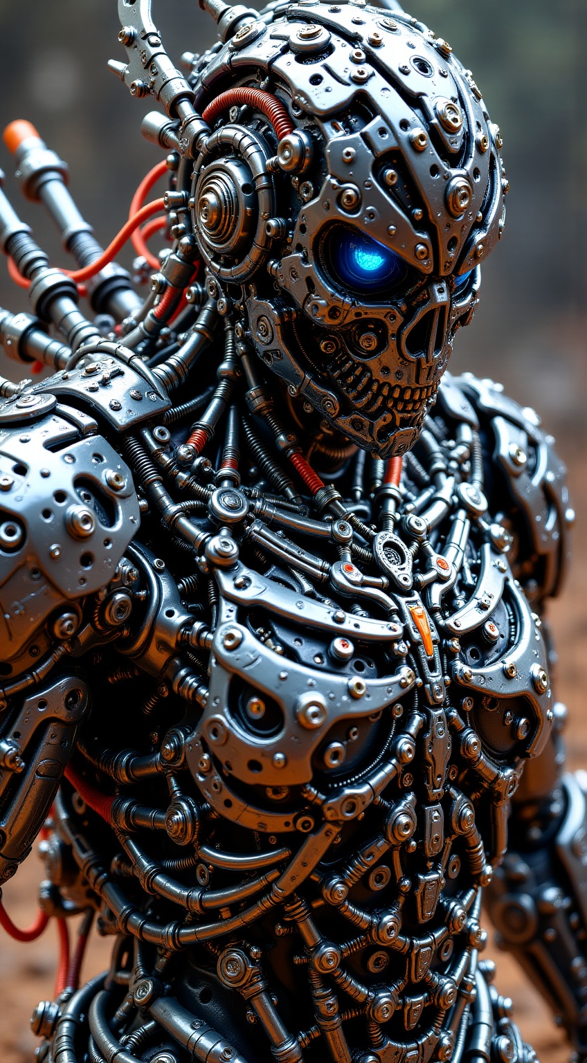 A heavily armored warrior in dynamic battle stance,  shining blue eye.intricate metallic armor with spiked shoulder guards...