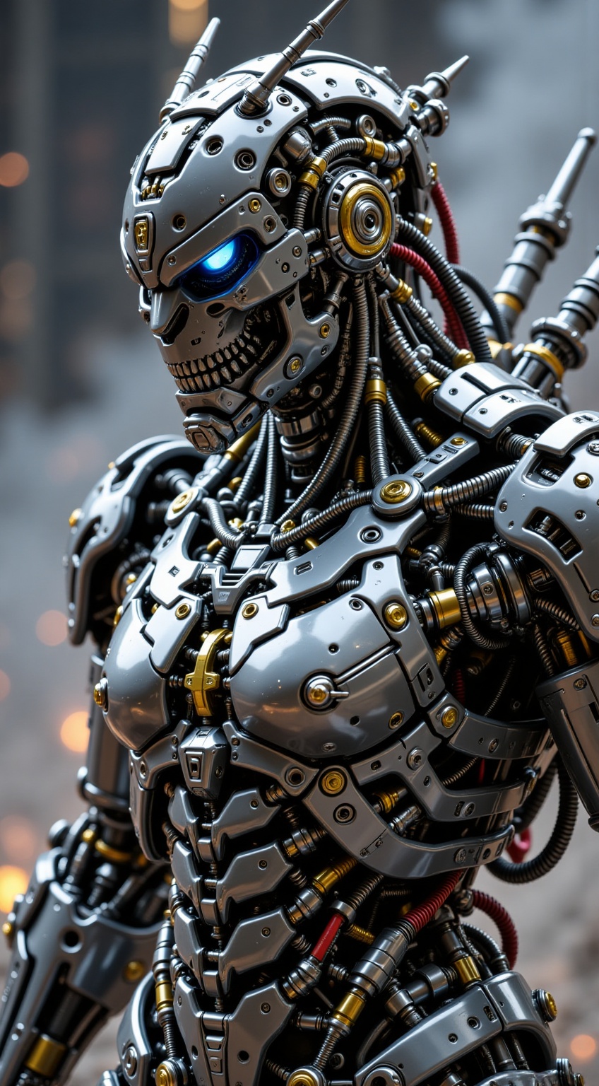 A heavily armored warrior in dynamic battle stance,  shining blue eye.intricate metallic armor with spiked shoulder guards...
