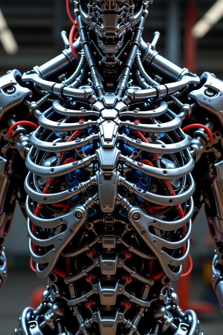 A cyborg under construction,  visible mechanical parts beneath the ribs,  chrome reflective ribcage on Tensor.Art