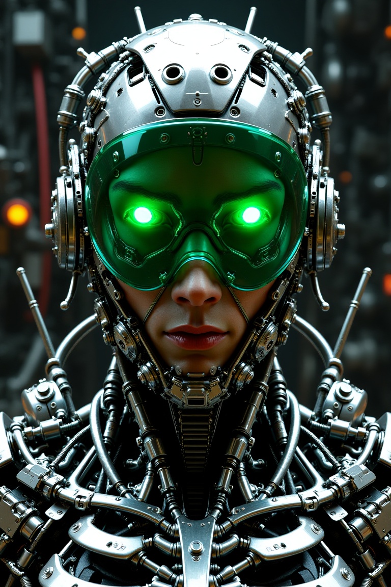 A hyper-detailed,  futuristic CGI image of a man's head with mechanical parts,  featuring a partially obscured face behind...