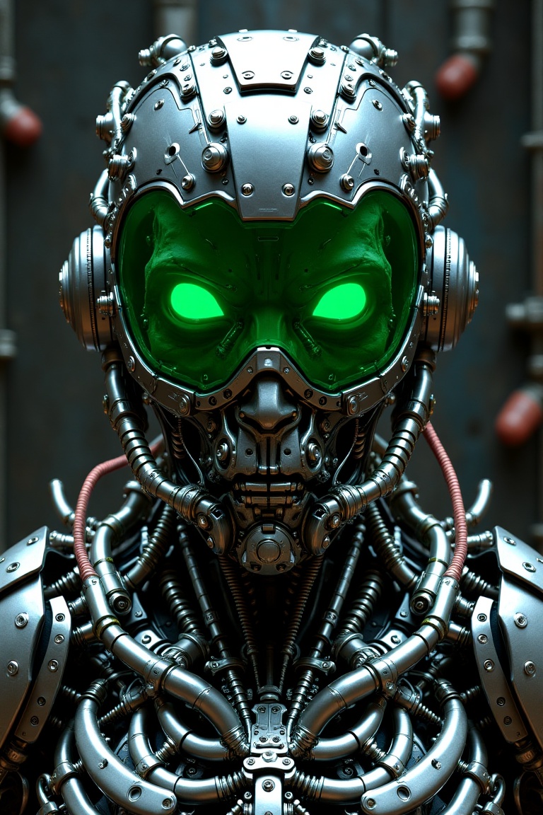 A hyper-detailed,  futuristic CGI image of a man's head with mechanical parts,  featuring a partially obscured face behind...
